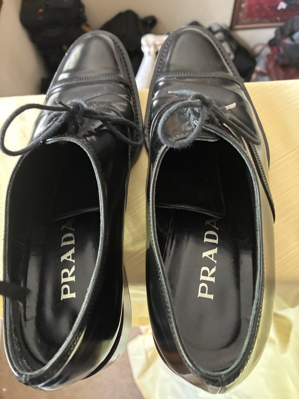 Prada Black Patent Leather Lace-Up Loafers